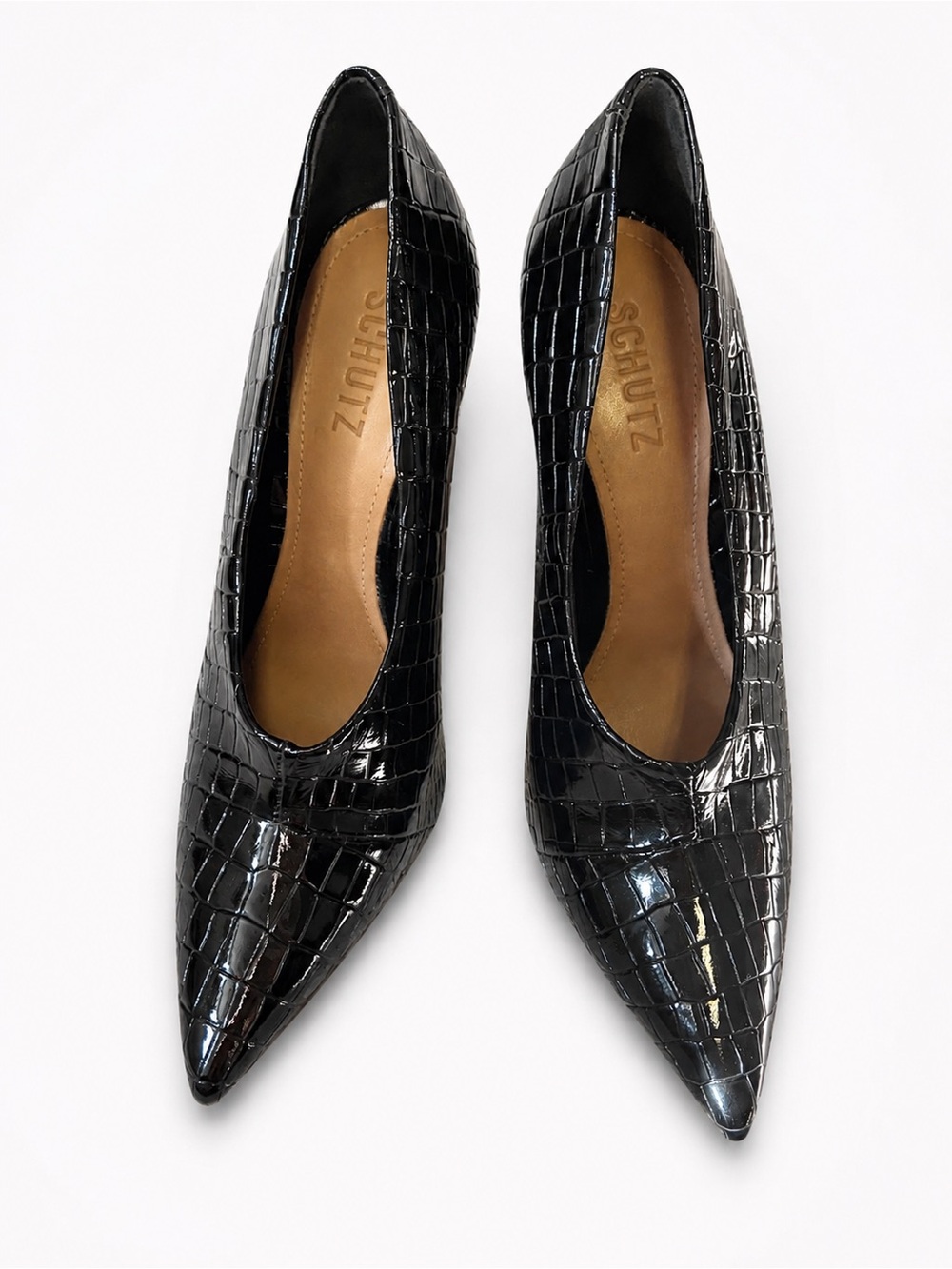 SCHUTZ Black Croc-Embossed Pointed Toe Pumps